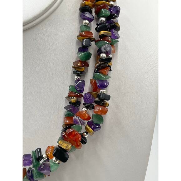 Sterling Silver 925 Multi-Strand Semiprecious Chip Bead Necklace 18” Gemstone - Picture 10 of 12